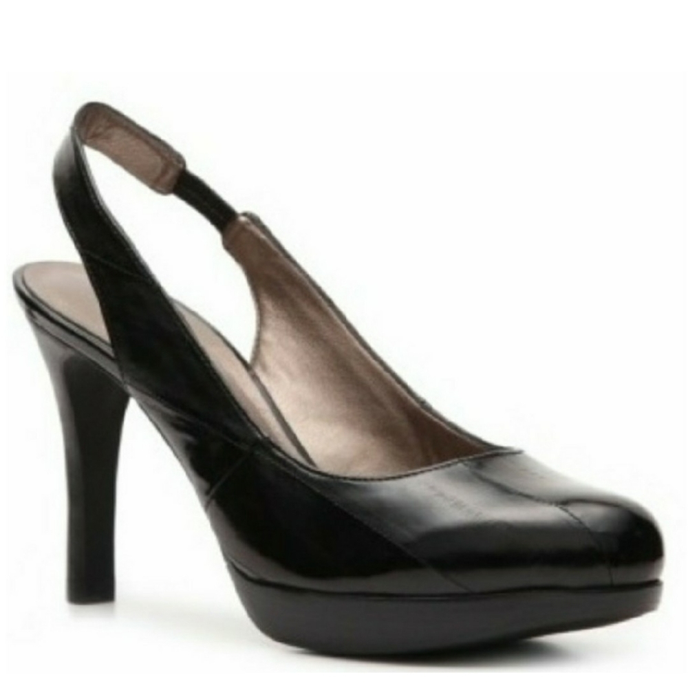 Moda Spana Black Leather Slingback Platform Pumps Size 8.5 Like New